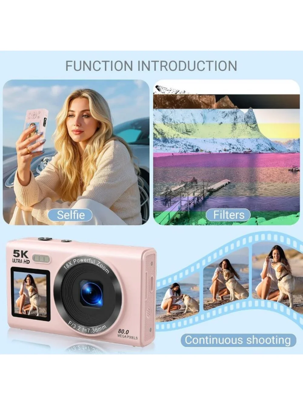 5K Dual Screen Vlogging Camera with Fill Light, 80MP, 16X Zoom, WiFi, 32GB Card